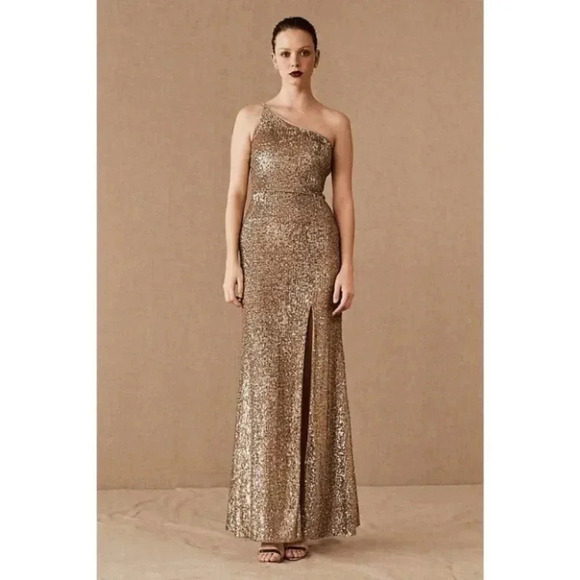 NWT BHLDN Gold Sequin One Shoulder Formal Maxi Dress Caspian Size 14 - Picture 3 of 15
